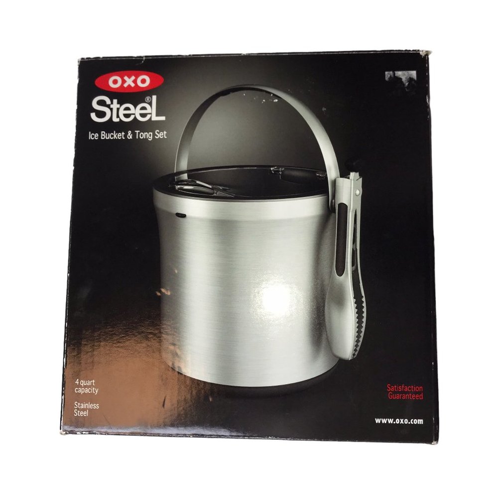 OXO Stainless Steel Ice Bucket and Tong Set.  New in Box. 4 Quart, Silver Handle